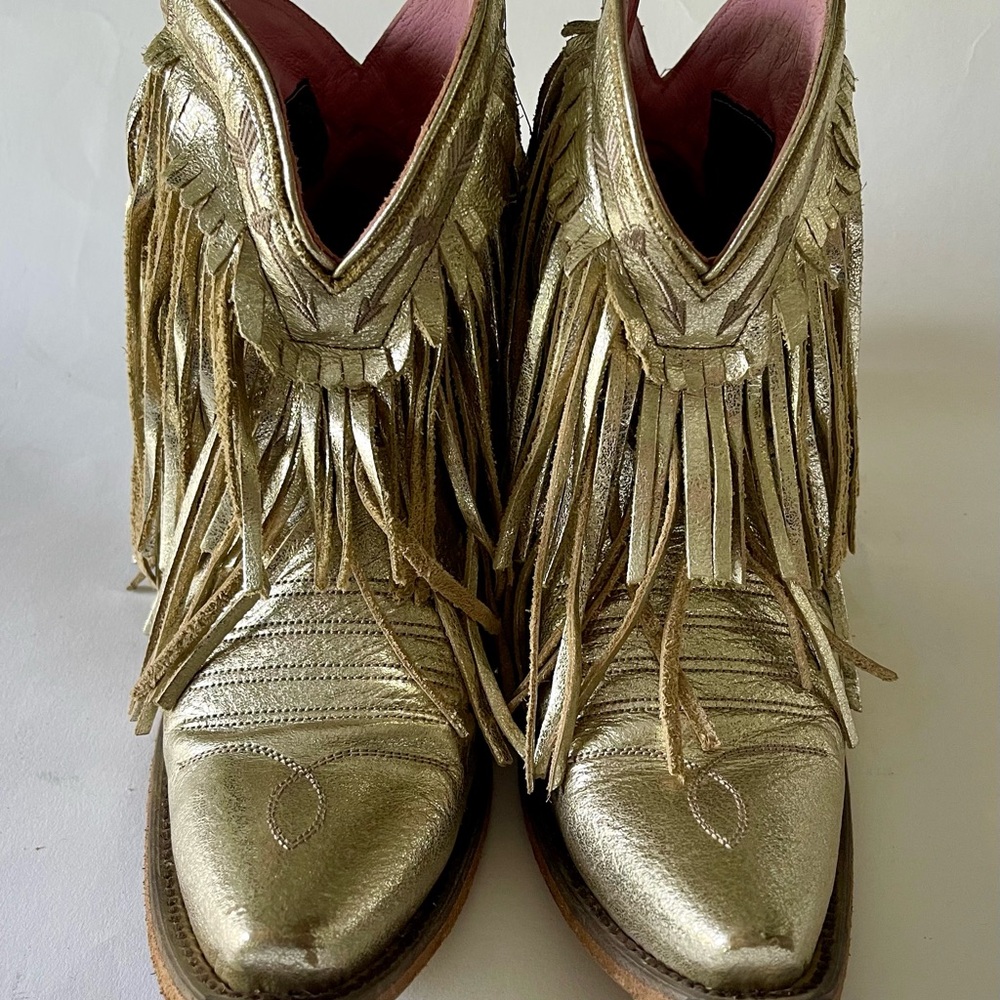 JUNK GYPSY by Lane Spitfire Gold Fringed leather cowboy Boots booties SNIP TOE - Picture 5 of 9